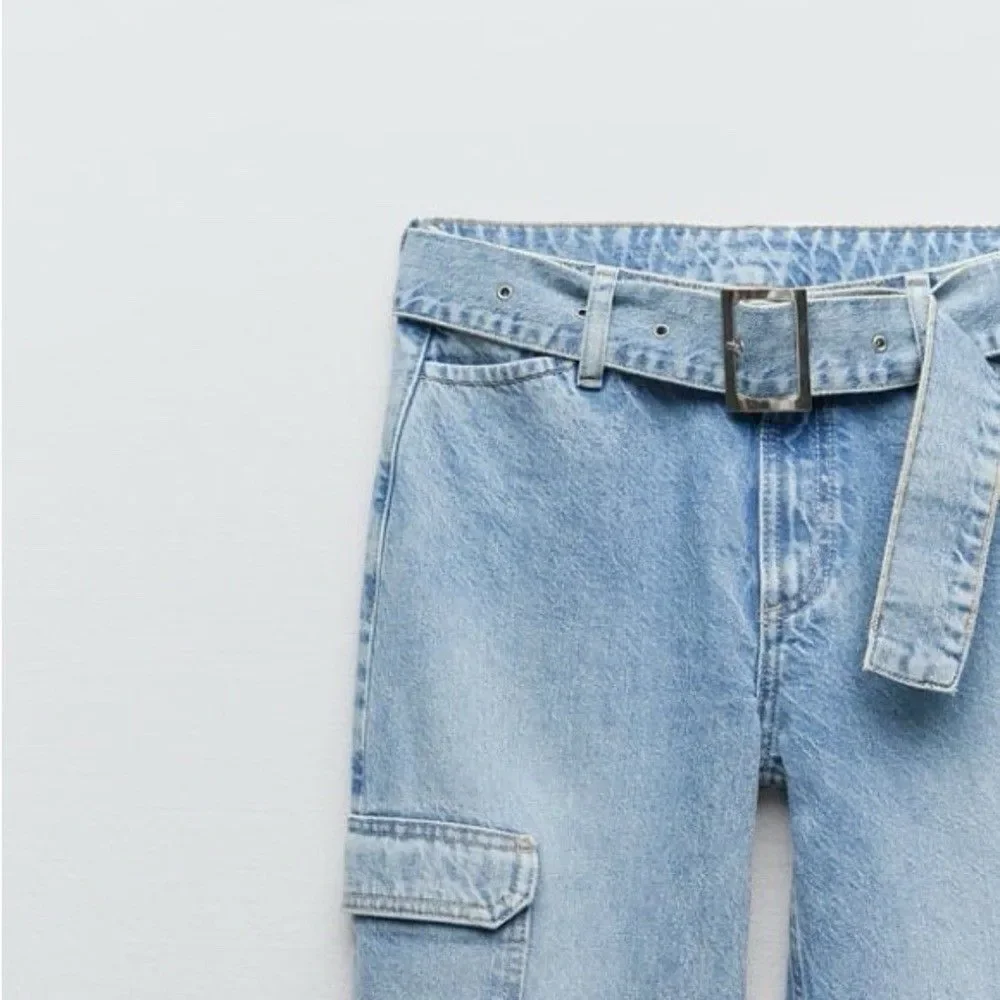 Zara Women's Light Blue Denim Belted Cargo Jeans SZ 4